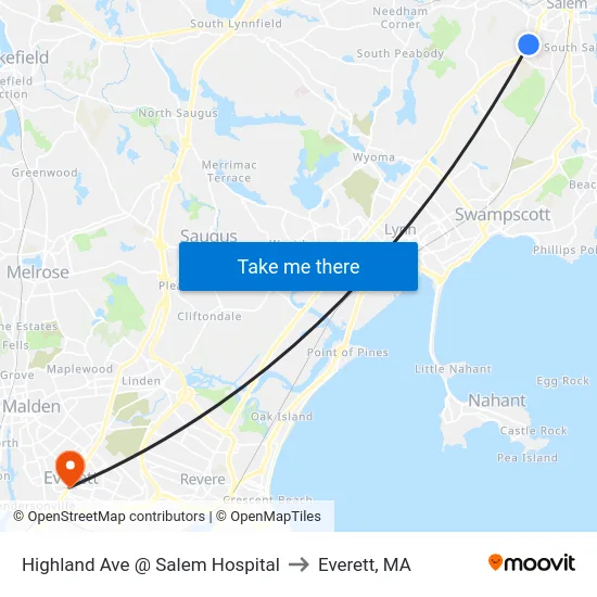 Highland Ave @ Salem Hospital to Everett, MA map
