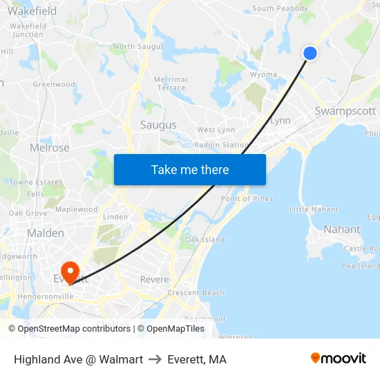 Highland Ave @ Walmart to Everett, MA map