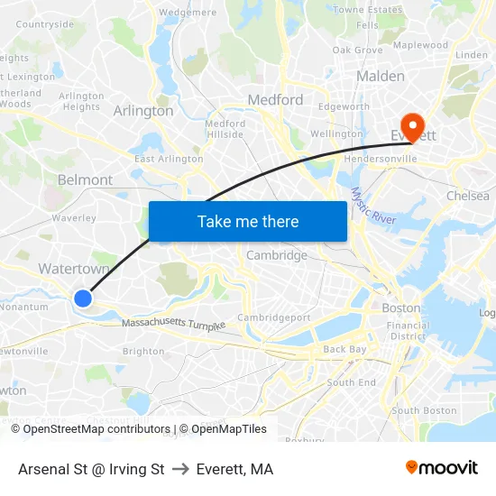 Arsenal St @ Irving St to Everett, MA map