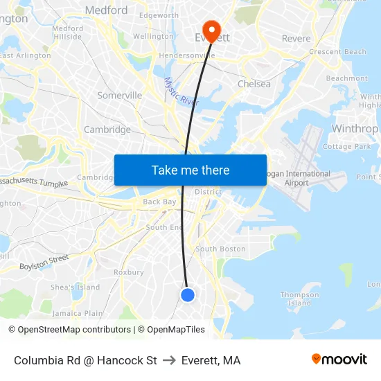 Columbia Rd @ Hancock St to Everett, MA map