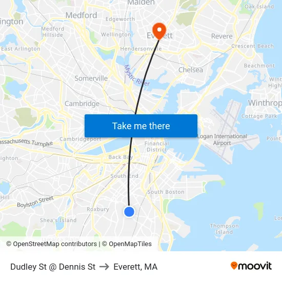 Dudley St @ Dennis St to Everett, MA map