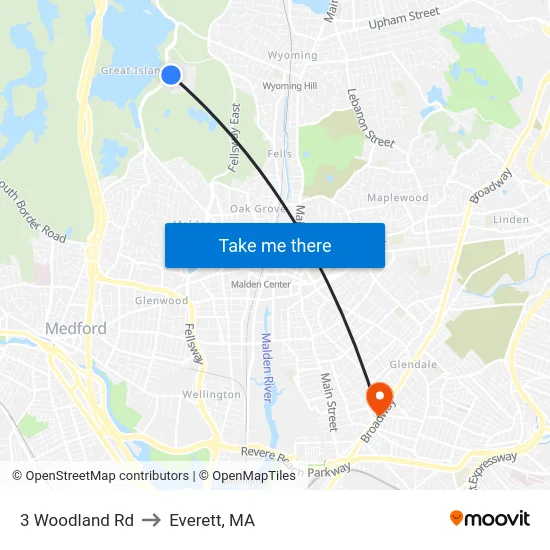 3 Woodland Rd to Everett, MA map