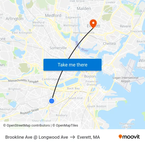 Brookline Ave @ Longwood Ave to Everett, MA map