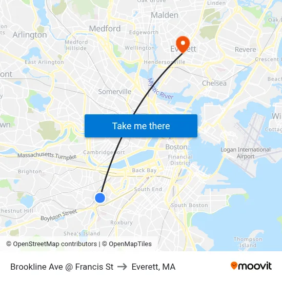 Brookline Ave @ Francis St to Everett, MA map