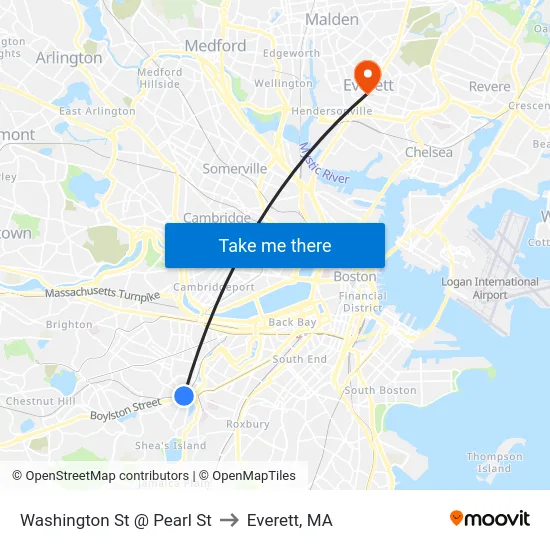 Washington St @ Pearl St to Everett, MA map