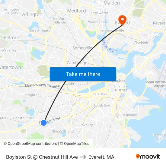 Boylston St @ Chestnut Hill Ave to Everett, MA map