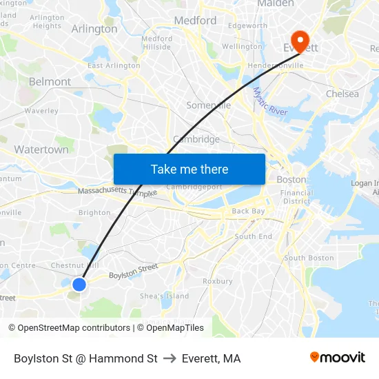 Boylston St @ Hammond St to Everett, MA map