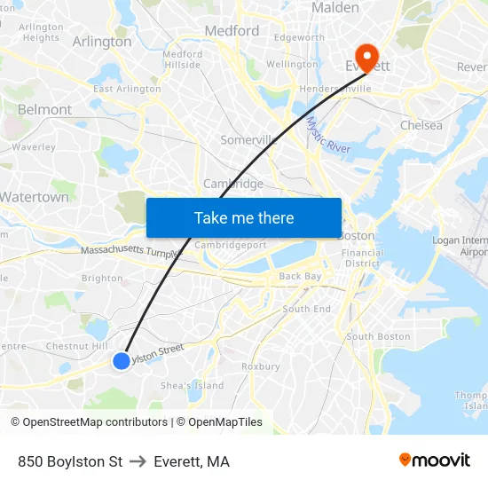 850 Boylston St to Everett, MA map