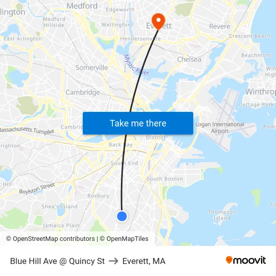 Blue Hill Ave @ Quincy St to Everett, MA map