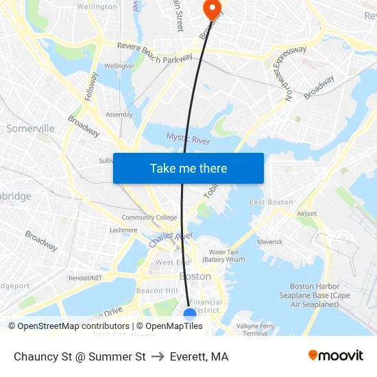 Chauncy St @ Summer St to Everett, MA map