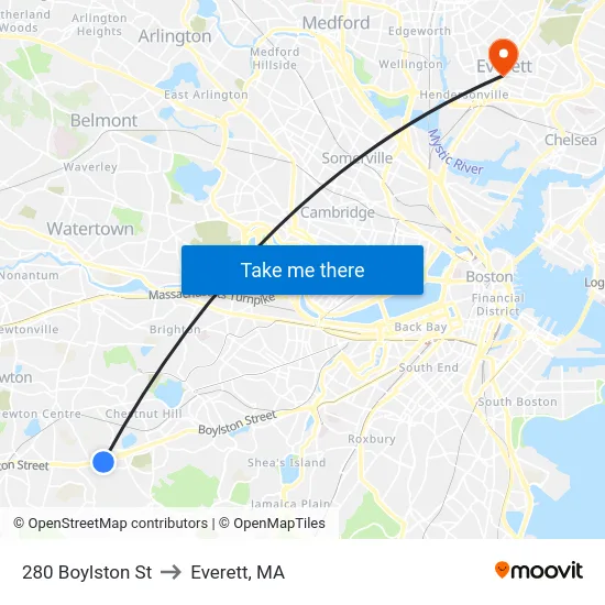 280 Boylston St to Everett, MA map