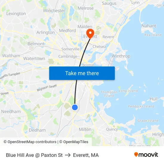 Blue Hill Ave @ Paxton St to Everett, MA map