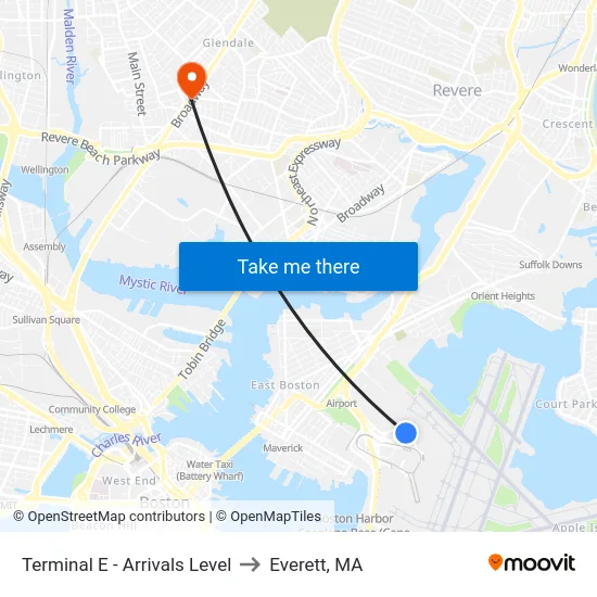 Terminal E - Arrivals Level to Everett, MA map