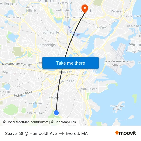 Seaver St @ Humboldt Ave to Everett, MA map