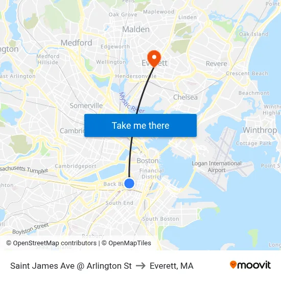 Saint James Ave @ Arlington St to Everett, MA map