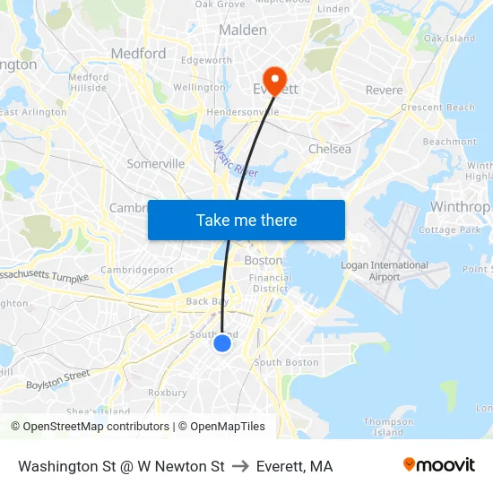 Washington St @ W Newton St to Everett, MA map