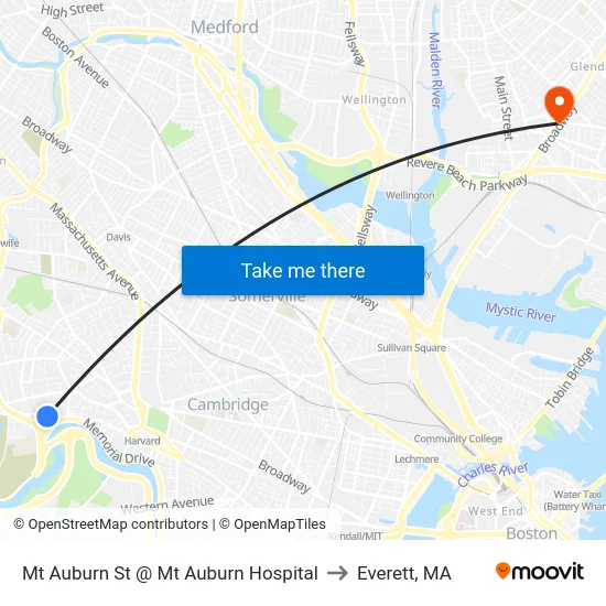 Mt Auburn St @ Mt Auburn Hospital to Everett, MA map