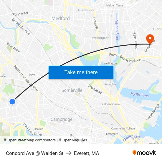Concord Ave @ Walden St to Everett, MA map