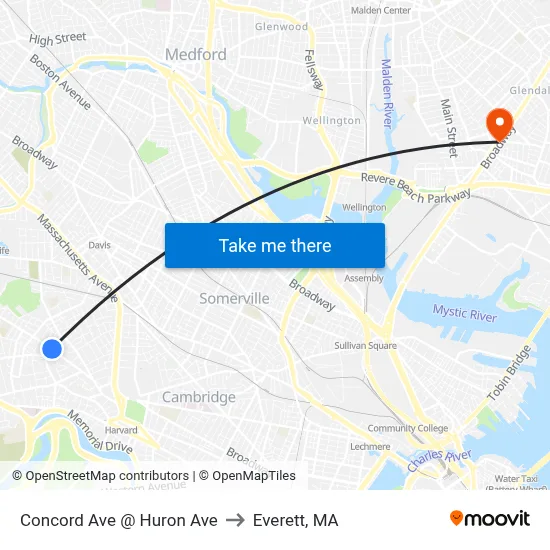 Concord Ave @ Huron Ave to Everett, MA map