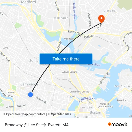 Broadway @ Lee St to Everett, MA map