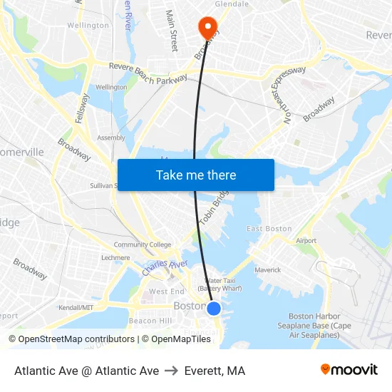 Atlantic Ave @ Atlantic Ave to Everett, MA map