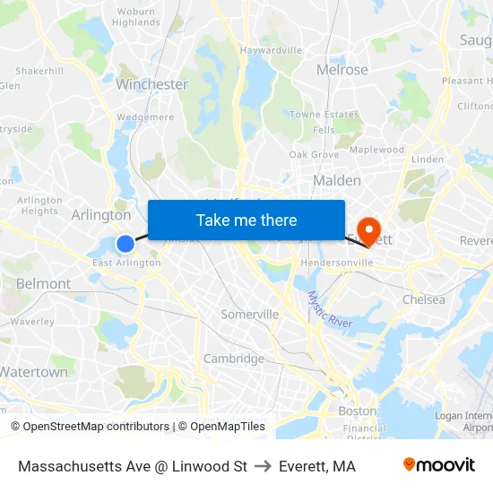 Massachusetts Ave @ Linwood St to Everett, MA map