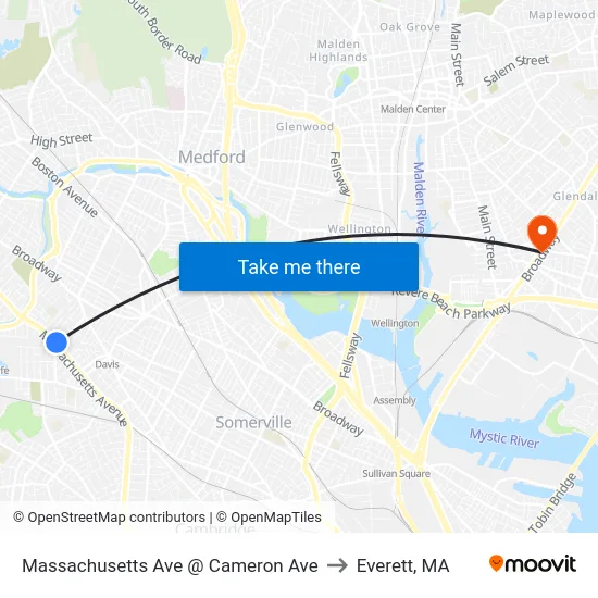 Massachusetts Ave @ Cameron Ave to Everett, MA map