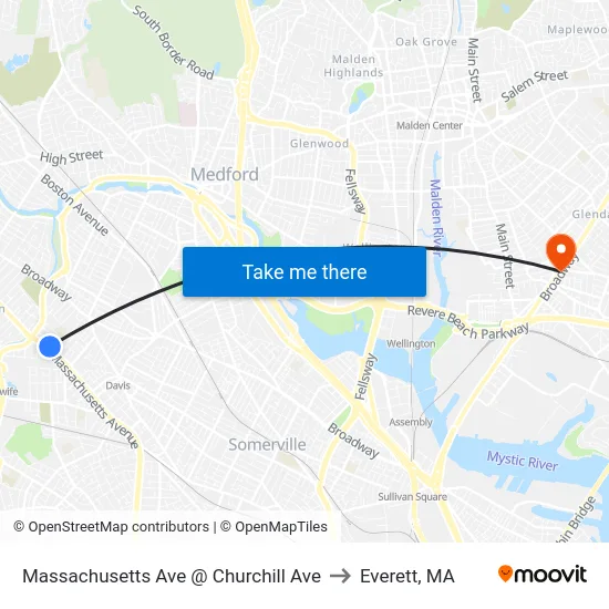 Massachusetts Ave @ Churchill Ave to Everett, MA map