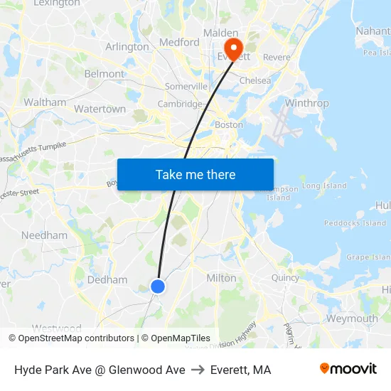 Hyde Park Ave @ Glenwood Ave to Everett, MA map