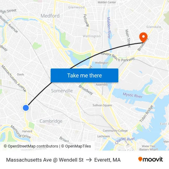 Massachusetts Ave @ Wendell St to Everett, MA map