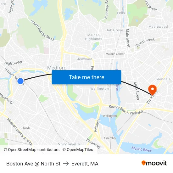 Boston Ave @ North St to Everett, MA map