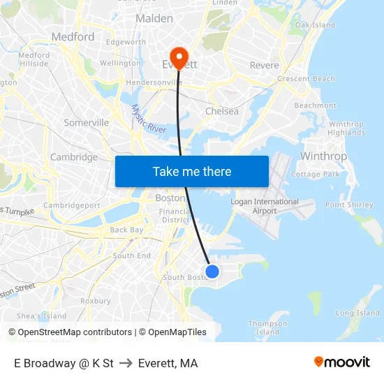 E Broadway @ K St to Everett, MA map