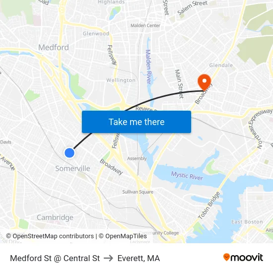 Medford St @ Central St to Everett, MA map
