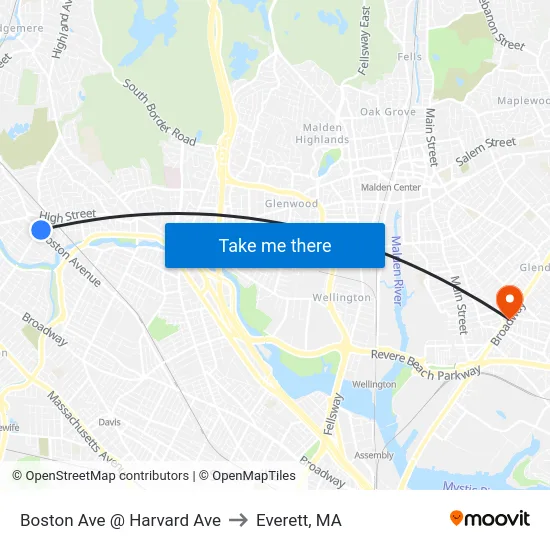 Boston Ave @ Harvard Ave to Everett, MA map