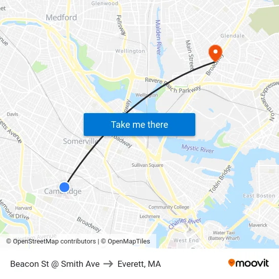 Beacon St @ Smith Ave to Everett, MA map