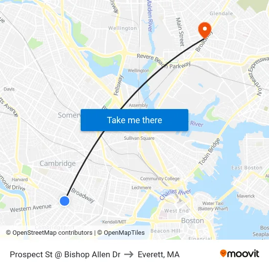 Prospect St @ Bishop Allen Dr to Everett, MA map