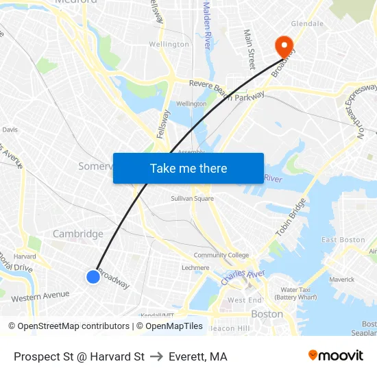 Prospect St @ Harvard St to Everett, MA map