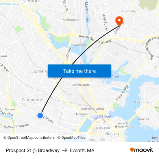Prospect St @ Broadway to Everett, MA map
