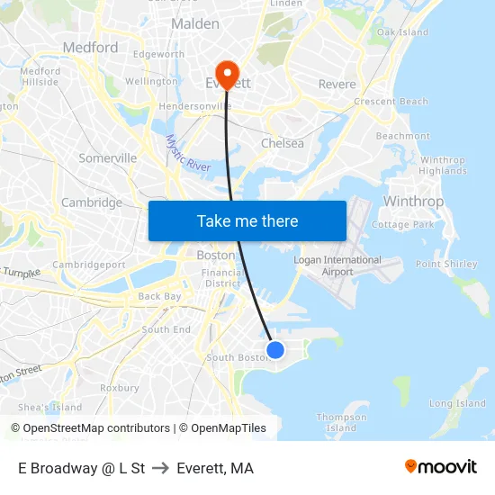 E Broadway @ L St to Everett, MA map