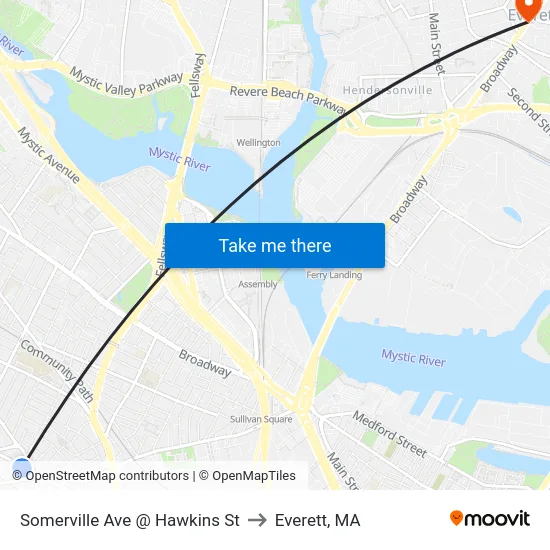 Somerville Ave @ Hawkins St to Everett, MA map