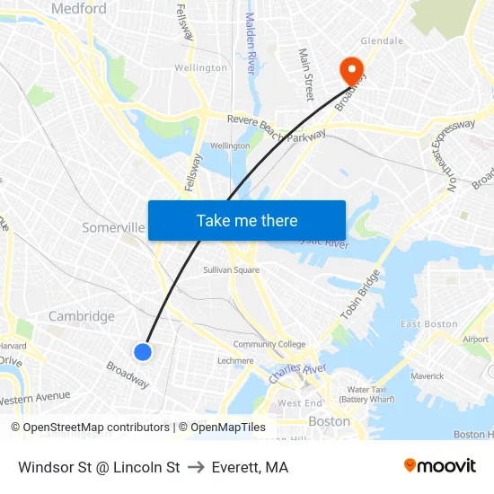 Windsor St @ Lincoln St to Everett, MA map