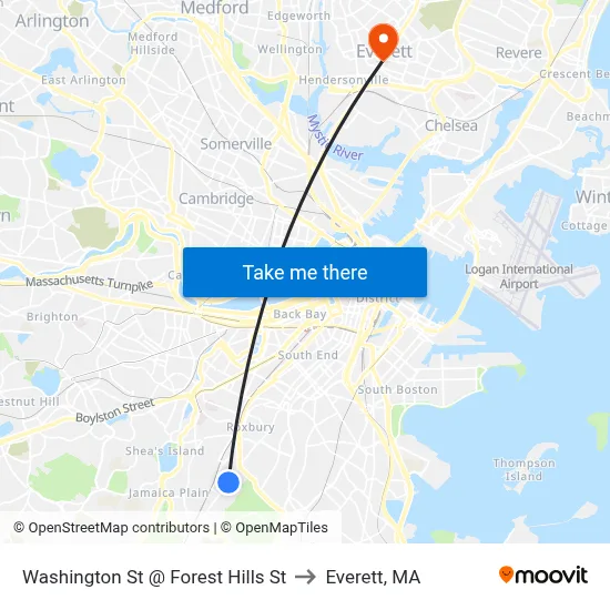 Washington St @ Forest Hills St to Everett, MA map