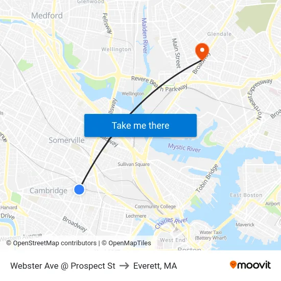 Webster Ave @ Prospect St to Everett, MA map