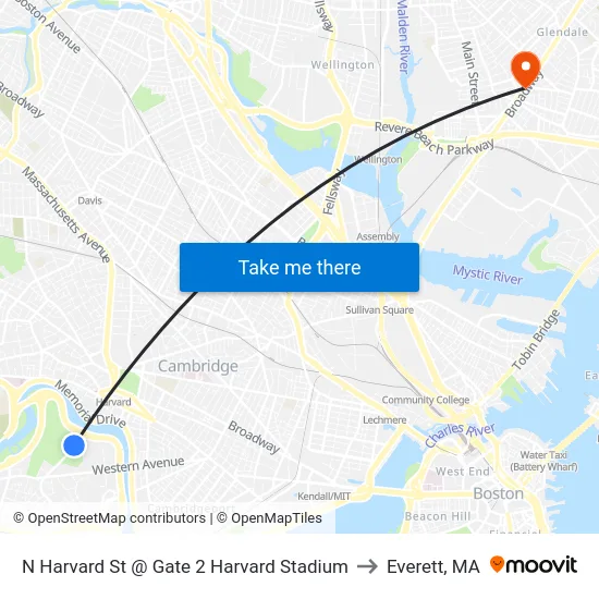 N Harvard St @ Gate 2 Harvard Stadium to Everett, MA map