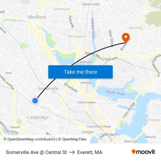 Somerville Ave @ Central St to Everett, MA map