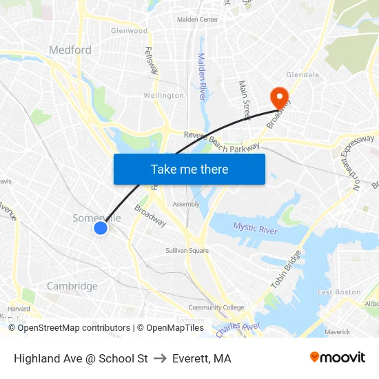 Highland Ave @ School St to Everett, MA map