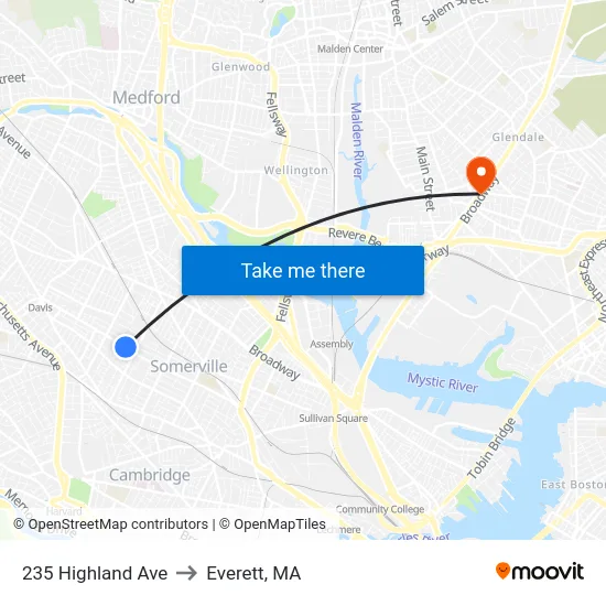 235 Highland Ave to Everett, MA map