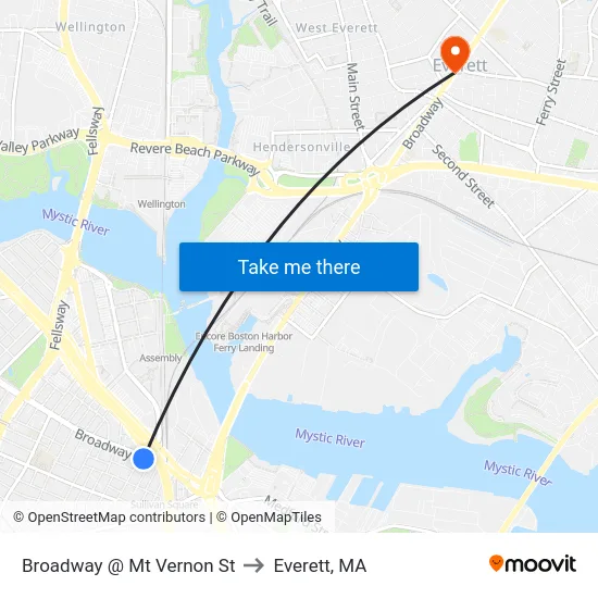 Broadway @ Mt Vernon St to Everett, MA map