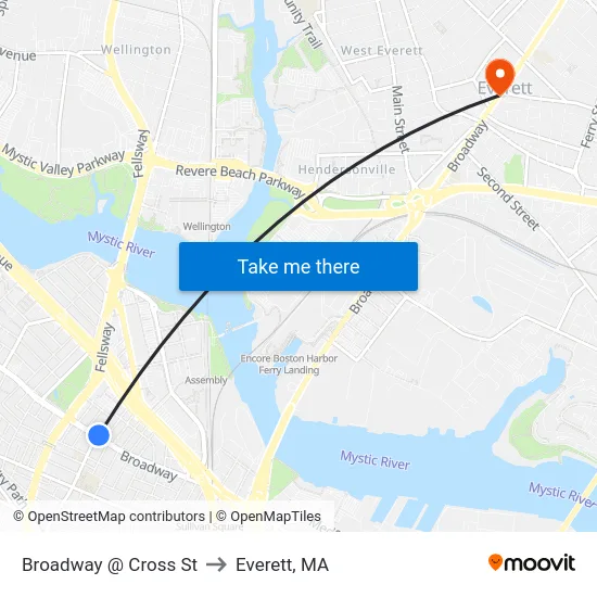 Broadway @ Cross St to Everett, MA map