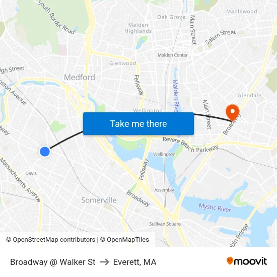 Broadway @ Walker St to Everett, MA map